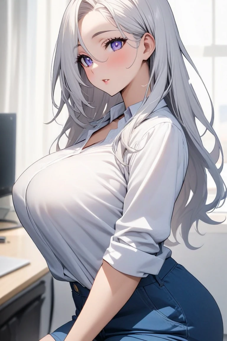(Golden ratio:1.2),​master piece,[(Transparent undertone:1.4)::10],Solo,(1girll:1.3),main body,Silver hair,Single ponytail,long whitr hair,Black eyes,(Mature female:1.2),(This is a 32-year-old woman),Tall girl,(gigantic cleavage breasts:1.3),(Thick thighs:1.3),(White shirt:1.3)+(Office girl),(trousers :1.2),(atheletic body:1.2),hyper HD, retinas, Anatomically correct, Textured skin, Super detail, Best quality, A high resolution,(8K、HighestQuali、tmasterpiece:1.2)