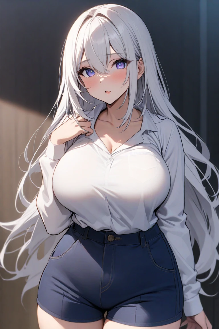 Masterpiece, very detailed, ultra detailed, one, (1 woman), she is in a black office shirt and white jeans, in a stable and fighting position, long hair, straight hair and straight bangs, bright white hair, with white dragon horns, athletic body, six packs of press, large breasts, beautiful, charming, light blue eyes, elegant, wise smile, charming, charming, against the background of nature and forest.