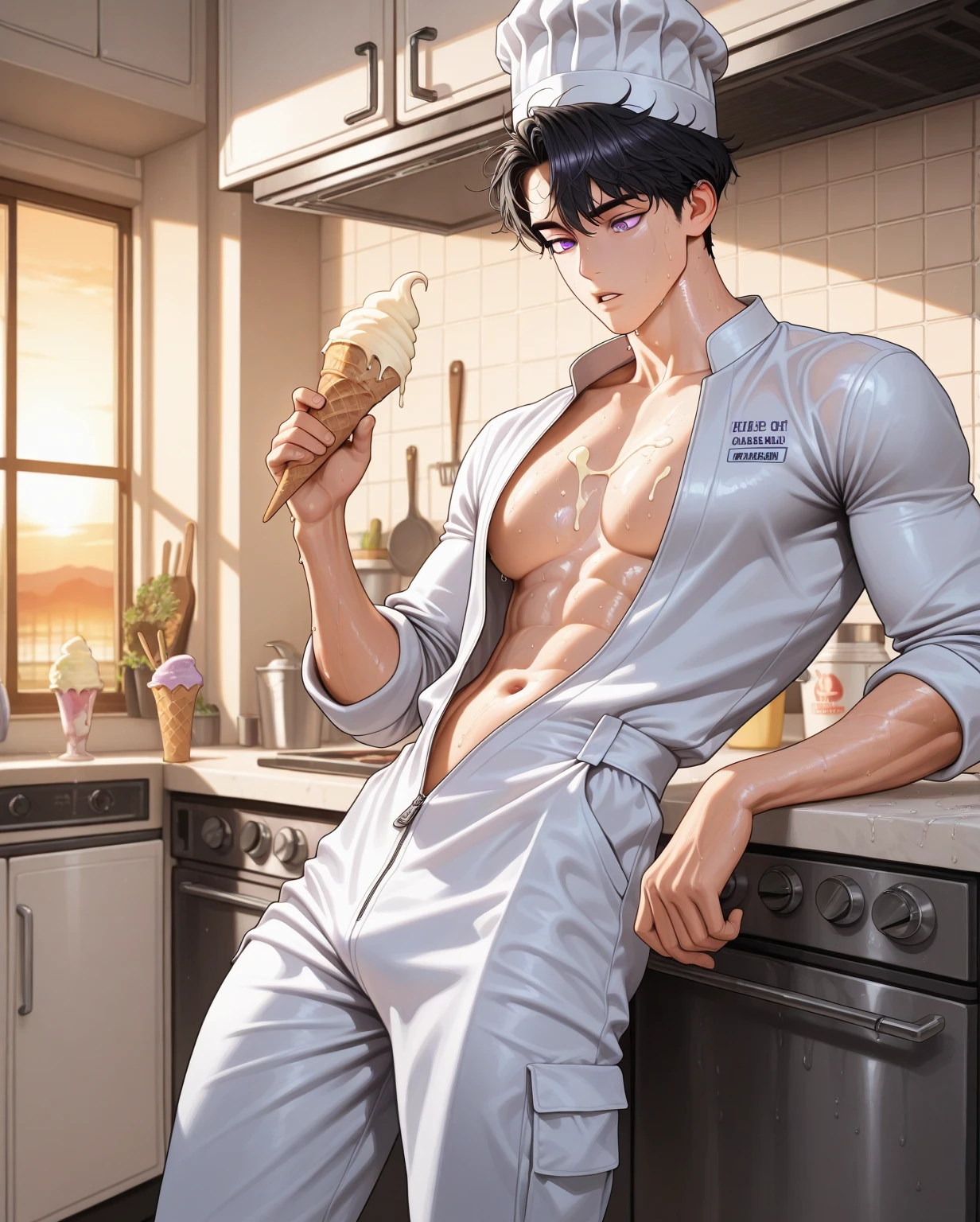 man:1.5,1 man,thief man,(((1man))),((man with stylish short hair)),
(((1male,man:1.5,handsome man,male,male gender:1.5,male focus))),macho man,
((short red hair,detailed hair,highly detailed hair,red hair,dyed interior hair,colored inner hair)),(((lustrous skin:1.5,tanned skin,bright skin: 1.5,skin tanned,shiny skin,very shiny skin,shiny body,illuminated skin))),(((orange_eyes:1.2))),intricate eyes,beautiful detailed eyes,symmetrical eyes,((man chest)),handsome face,((muscular)),(((detailed face))),
alluring look,nsfw,
(((bare chest))),elegant white pants,((bulge in pants)),((elegant thief outfit)),(wearing a elegant thief outfit:1.3,thief clothes),((wet clothes,intricate outfit,intricate clothes)),
(dynamic pose:1.0),solo focus,((evil smile,evil look)),(centered,scale to fit dimensions,Rule of thirds),
cyberpunk city by the ocean at night, with bright neon signs and dark stormy clouds and puddles, scenery:1.25,
highres, sharp focus, (ultra detailed, extremely detailed), (photorealistic artwork:1.37),(extremely detailed CG unity 8k wallpaper),((synthwave background theme)),(((vibrant colors))),(intricate background),(masterpiece),(best quality),