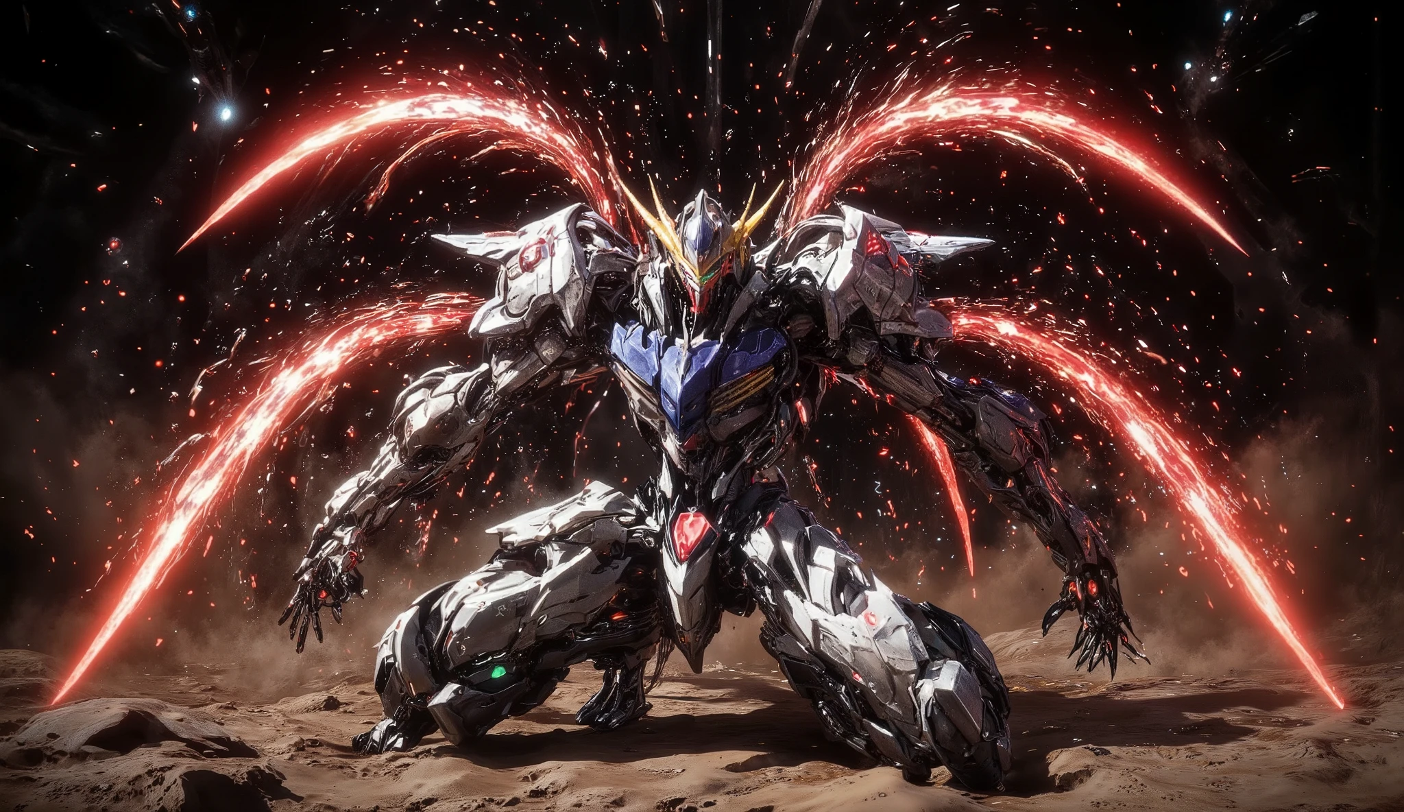 Hyperrealism, photographic, from an action scene with a dynamic angle shot, using Mech01, Meca, science_factor_Core. Gundam_Barbatos, B4RBAT0S, on a Martian battlefield, red arena, red guns. Mobile Suit Barbatos is collecting energy for a final attack, many particle effects flowing into the torso of the mobile suit. on his knees, open arms in a power pose.