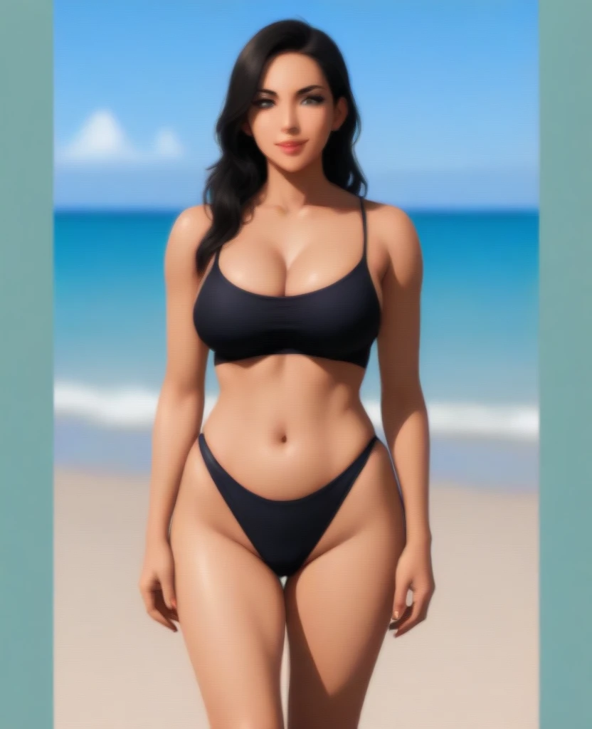 core_9, score_8_up, score_7_up, Elizabeth, looking at viewer, (smirk), lewd pose, micro bikini, on a beach, black hair, blue eyes, red lipstick, hair to shoulders, perky breasts, cleavage, (insanely detailed, beautiful detailed face, masterpiece, best quality), sexy expression