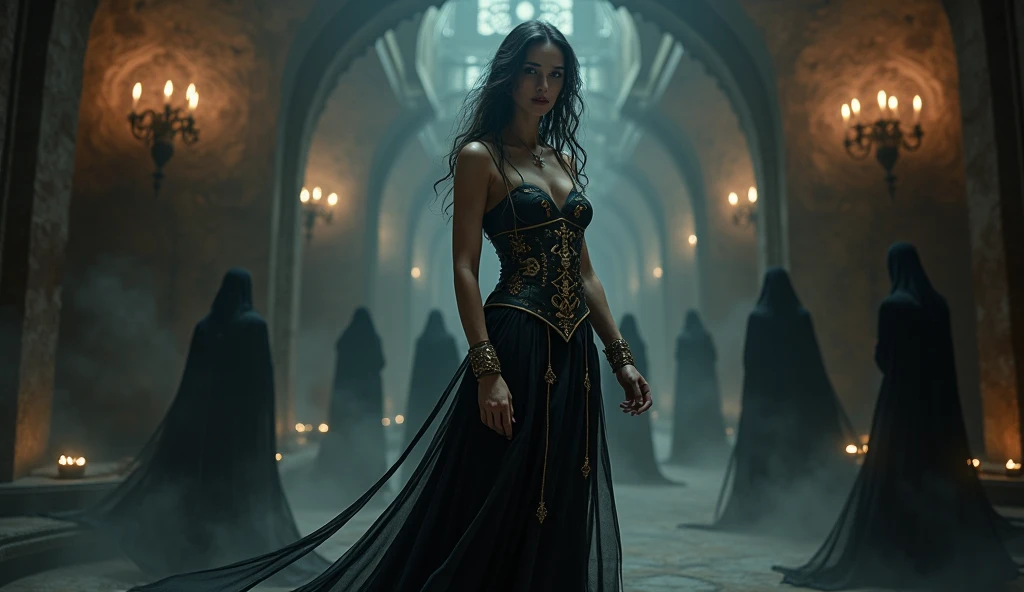 Kat Dennings, standing on a pedestal like a statue, fantasy picture, elven robe