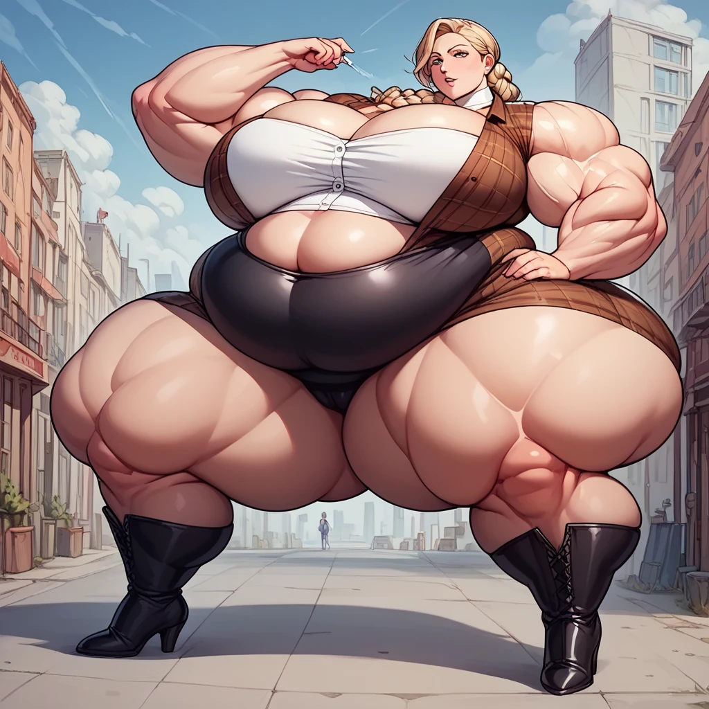 detailed, masterpiece, best quality, 1girl, score_9, score_8_up, score_7_up, narrow waist, huge breasts, wide hips, huge ass, thick thighs, smug, giantess, ((goddess)), apple bloom, abs