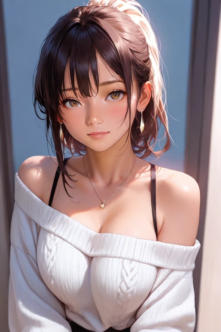 女の子1人、top-quality、realisitic、独奏、depth of fields、Natural light、during daytime、inside in room、魅惑的、lipgloss、beauitful face、Cleanliness、Pure face、de pele branca、kawaii、short-hair、the beach、rays of sunshine、nedium breasts、full body Esbian、((Sweaters、With light brown eyes、Beautiful face of golden proportions、Tall cute supermodels))、long neck、Put your ears out、Clean short bob hair with bangs、Close your mouth and smile happily、Perfect fingers、perfect hand、Perfect body、face perfect、Shine a light into the eyes、Perfect Anatomy