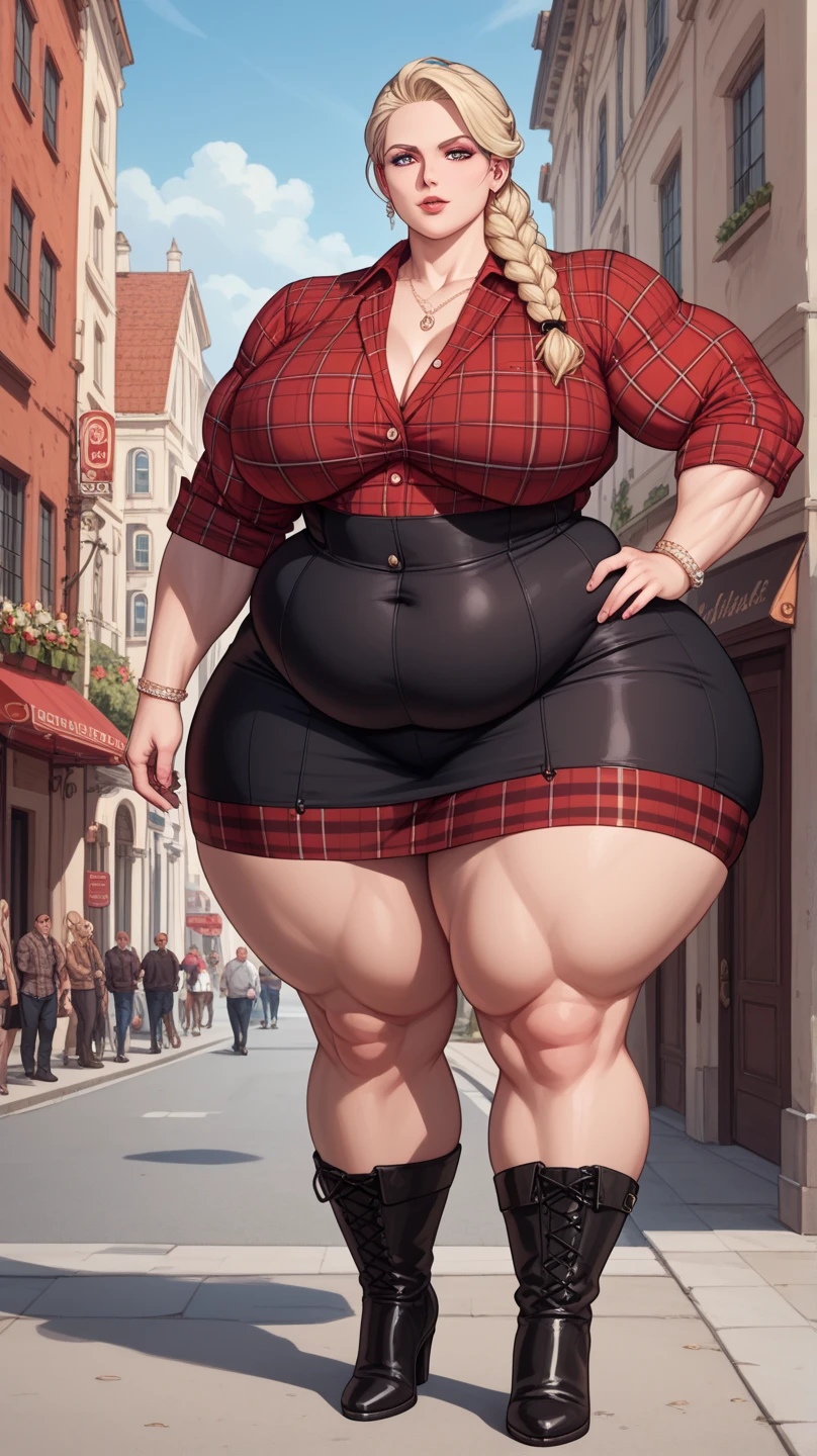 Billie Eilish, (masterpiece quality, (masterpiece quality:1.3), realistic, (realistic:1.3), 1girl, (1girl:1.9), solo, (solo:1.9), in a German village, German houses in background, wearing black iace bra, (black lace bra:1.5), wearing black lace panties, (black lace panties:1.5), bare legs, (bare legs:1.9), gigantic breasts, (gigantic breasts:1.5), chubby body, chubby belly, (chubby belly:1.5), 