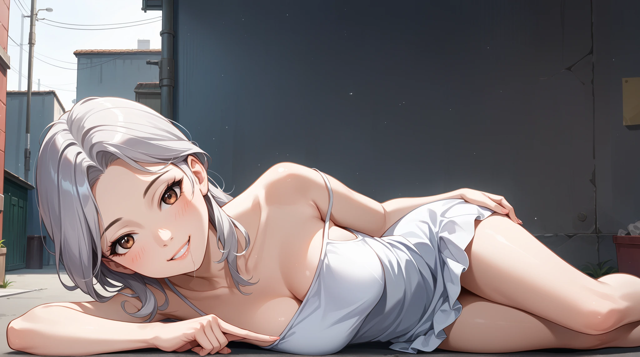 mid-shot, Look at viewers, hands behind back, girl with, 20 years old, Very short hair, long bangs between eyes, hair over shoulder, Grey Hair, Floating hair, ^ ^, pale blue eyes, Short dress, Hoodie, Skirt, Bare shoulder, White clothes, , Extremely detailed,(​masterpiece、top-quality)、独奏、1womanl、White hair、the tips of the hair are blue、Blue eyes、A smile、White skin as clear as snow、Small breasts, Silver hair, Blue eyes, Beautiful eyes, Teen Girl, Ecstasy, charmed, be smitten with audience, Hoodie, Hoodie with open front, Shoulder out,on the beds,inside in room,laying on back