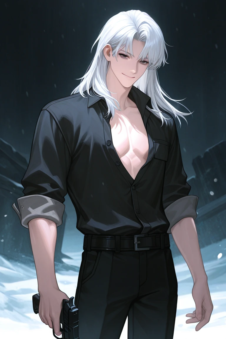 (absurdres, highres, ultra detailed), 1man, 30 years old man, adult man, handsome, tall,, finely detailed eyes and detailed face, black leather pants, no shirt, open chest, night, smile, dutch angle, ((very long hair, white hair)), (((wolf ears))), wolf white tail, moon, forest, black horns in his head, silver details, earrings, black chocker, gothic, dark, black simple dress, looking at the view, pale skin, yellow detailed eyes, eyeliner, dog collar, (((open chest))), leather jacket, (masculine), sexy, open mouth, angry