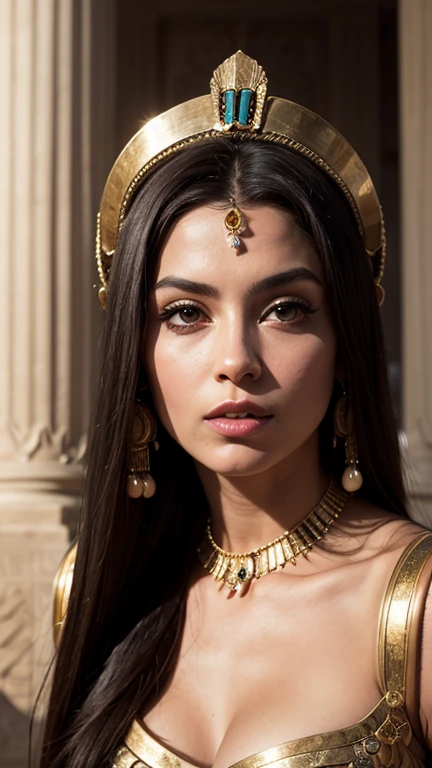 a beautiful woman in an elegant gold suit and elaborate headdress, posing for a portrait, highly detailed, photorealistic, egyptian princess, white emma watson as egyptian goddess cleopatra, wearing an ornate egyptian crown, beautiful goddess, detailed egyptian makeup, egyptian clothing and style, cleopatra, ancient egyptian princess libu, egypt setting, android girl in egyptian ruins, accurate to egyptian tradition, 8k, high resolution, hyper detailed, masterpiece, cinematic lighting, dramatic colors