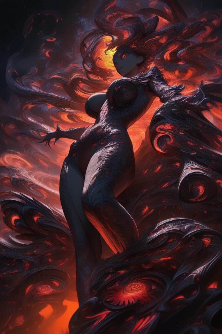 Cinematic effects, raining blood, from below, masterpiece, highest quality, dragonlady queen, perfect demoness, long legs, hourglass figure, curvy hips, perfect eyes, detailed eyes (1.4), slashed up body, cuts and deep wound on body, scars on face, villainous expression, flaming skin body with bioluminescent glowing pattern, ready for battle, blurred stormy background, dark atmosphere, lighting in background,full body,