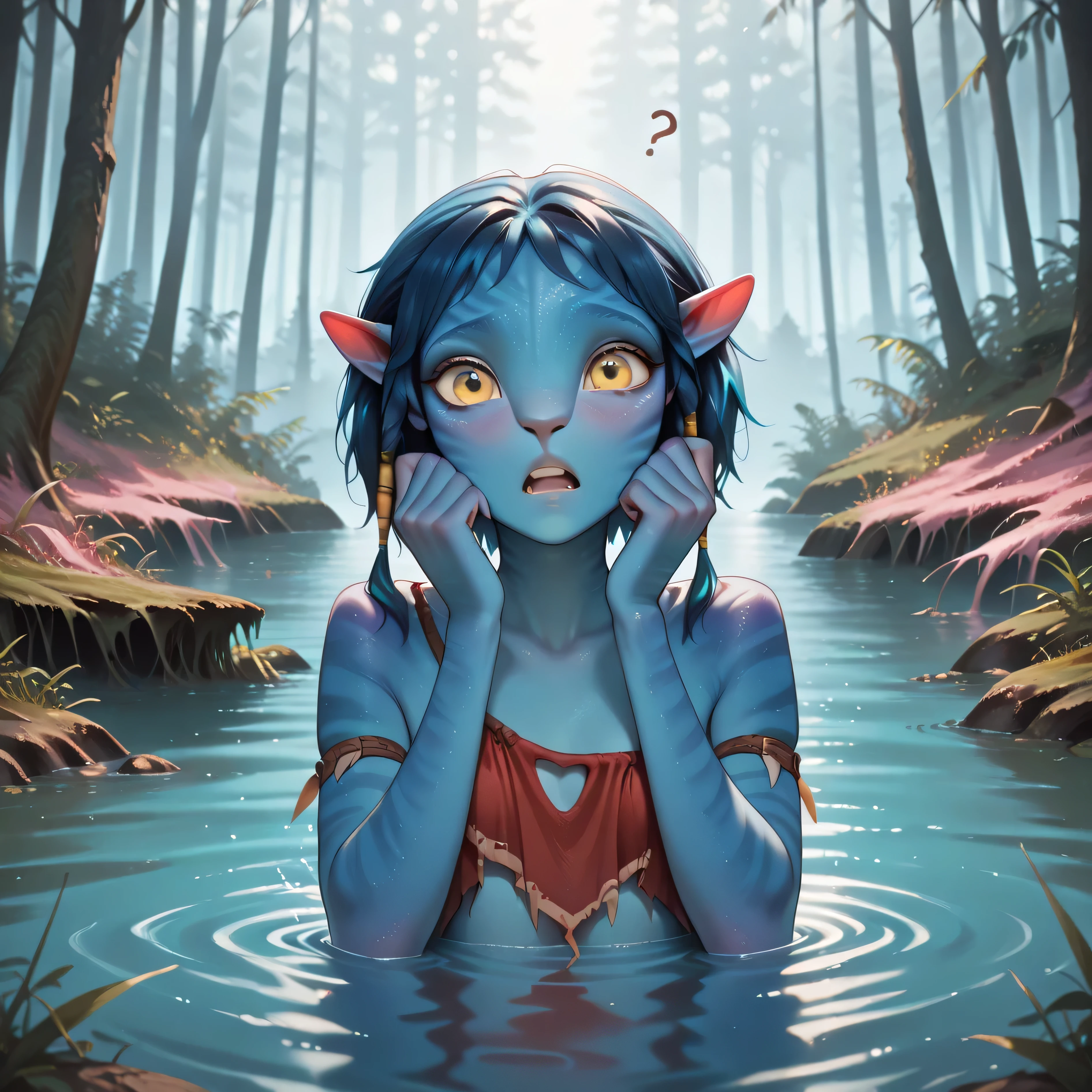 masterpiece, best quality, amazing quality, in swamp, blue trees, pink trees, bioluminescent, 1girl, solo, Na'vi, colored skin, striped blue skin, pointy ears, yellow eyes, red tribal outfit, looking at viewer, confused, disgusted, wincing, partially submerged, hands up,