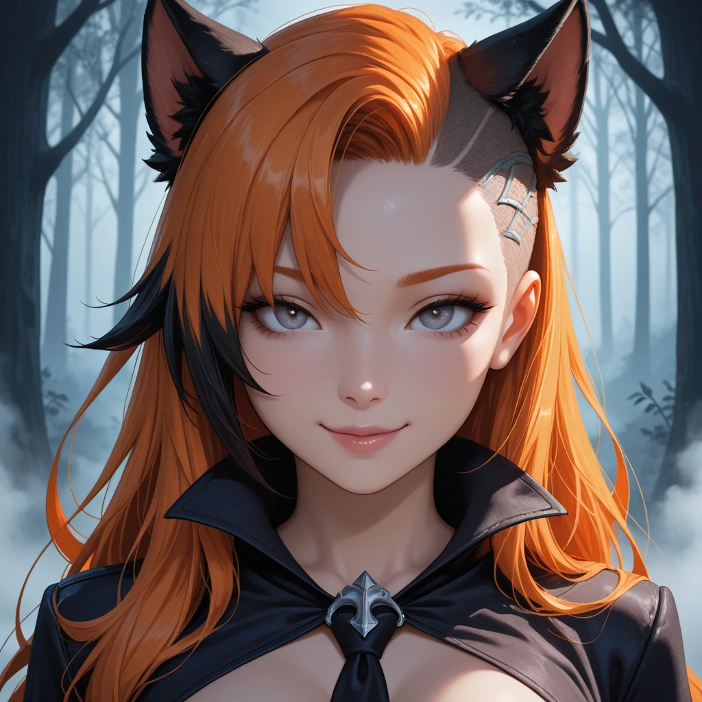 Gnoll woman, woman, blue eyes, black fur, spike collar, Gnoll woman, big , big tighs, 4k, hd, pretty face, messy hair, menacing, acurrate eyes, sharp pupils, scary look, sword, (human head), (Mohican), (tribal clothing), exposed belly, (red hair), (hyena ears), long hair