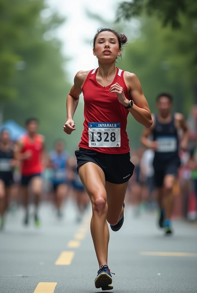 young woman, tearful but happy, modern era, running gear, marathon finish line, showing emotion, cheering crowd in the background, close-up, emotional style
