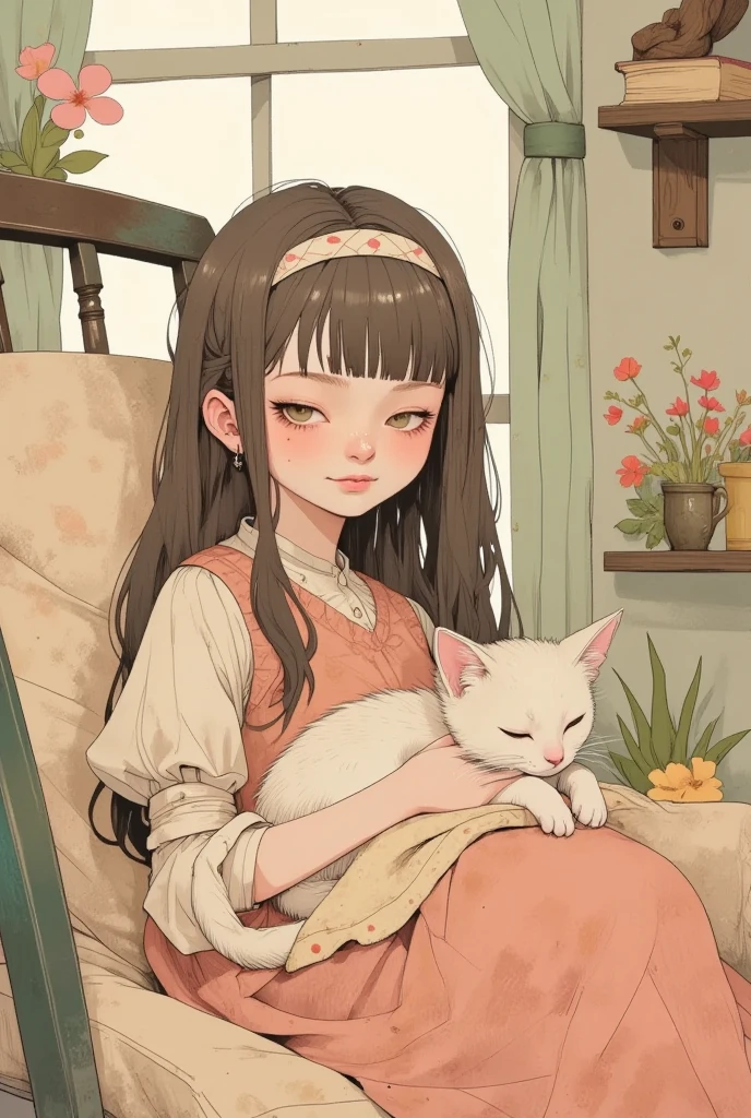 Alto Detalhe, Ultra Detalhe, alta resolução, Uma menina fofa e inocente, barnet, deitada na cama olhando para janela, quarto de menina, starly sky, janelas abertas. Menina deitada na cama olhando para janela, menina feliz, menina de 8 anos, cuteexpression, Girl with small stuffed cat