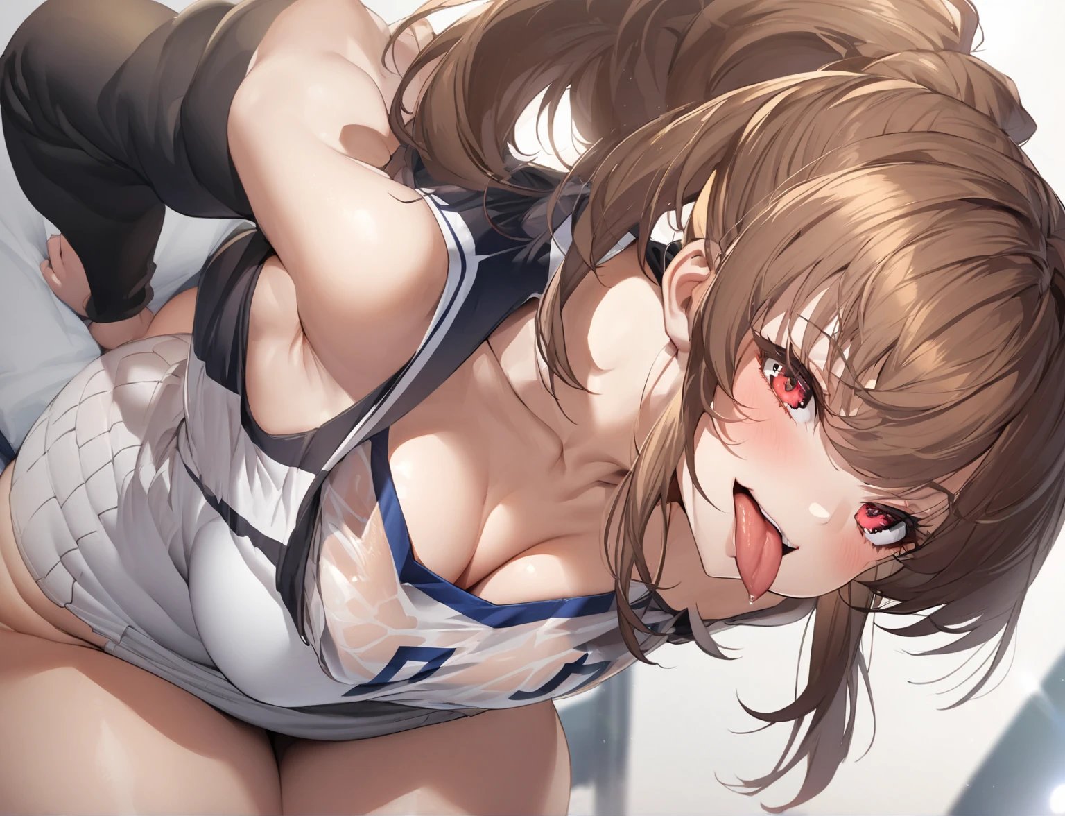 Highest quality, Very detailed, masterpiece,1 sheet、(Whole body) Ultra-high resolution, 8k, Embarrassing, blush, Lovely, Close one eye, Tears in my eyes、Open your mouth, Drooling, (Raise your arms above your head), (uniform)、Nipples、(Twin tails), One Girl、Asahina Mikuru, Big Breasts、(torture chamber),(Handcuffs on both hands)、 (Both hands tied)、((Cum on face))、 ((ejaculation)),Sticking out tongue, male, penis、((Get hard)),((doggystyle sex))、(maleたちが観衆として見ている)、Stick your butt out、maleが腰を押し当てる、(maleたちに犯されている)