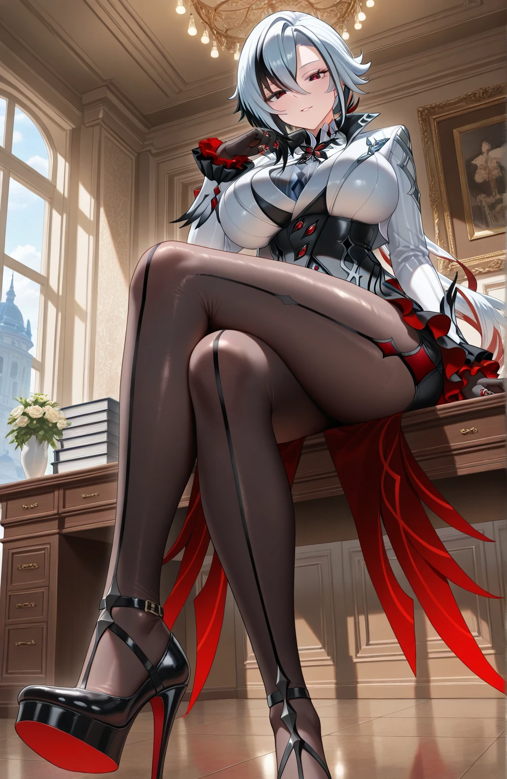 White long hair, red pupils, white suspender thigh boots, white long gloves, white over-elbow long gloves, white high-heeled thigh boots, white thigh boots, belt, leg loops, (binding), bondage, white dress, anime - a stylistic image of a woman sitting on a chair in white and red outfits, from the girl front, fine details. Girls frontline, Azur Lane style, from The Azur Lane video game, from Arknights, characters from Azur Lane, Cushart Krenz Key Art Feminine, Girls Front Line Style, Girls Front Line CG, Trending on ArtStation Pixiv