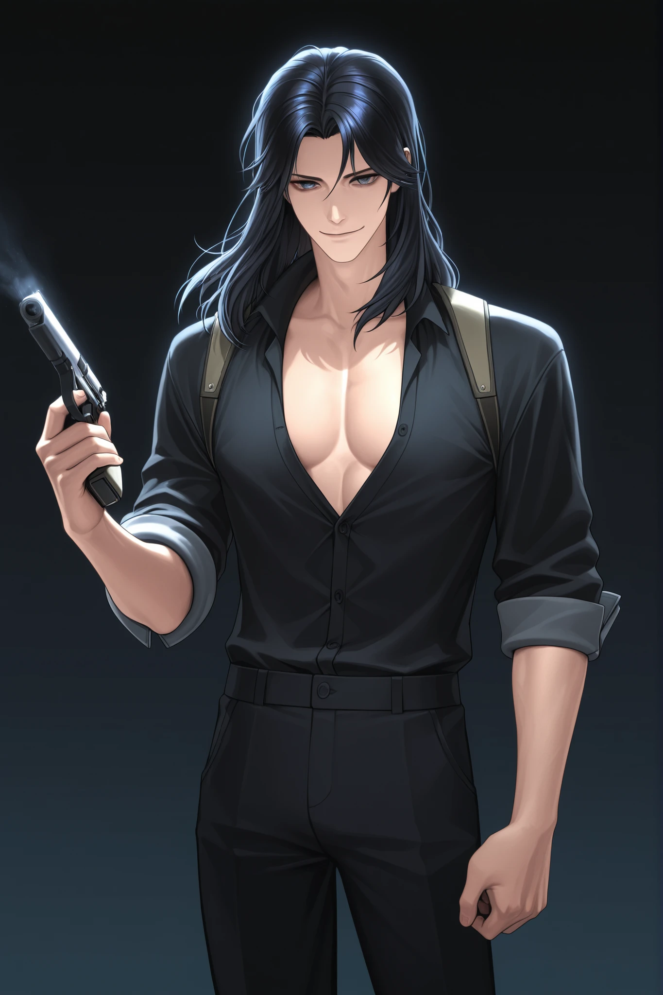 Junyoung (The Strategist): slender body. Tall. Cold. Mastermind smile. Black shirt. Rolled sleeves. 2 front button open. Slightly exposed chest. Black pants. Gun on hand. Calm. Calculated. Composed vibe. Genius. Average Korean hair with middle part.  
  