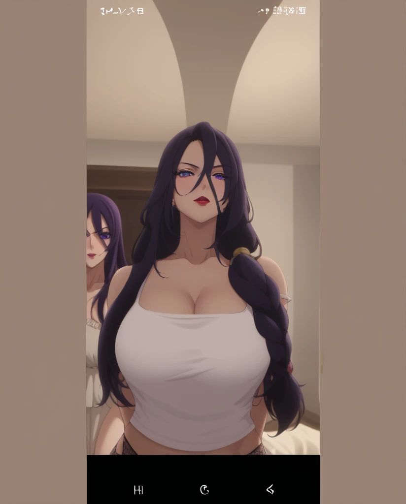 tmasterpiece, hight clarity, hightquality, Detailed face, detailed body render, 1girlhugebreasts,Sleeveless clothing,Beds, Sleeveless shirt, , Dark lips, exhibitionism,No bras, breasts out, Be red in the face, (In the bedroom),Full body photo,Orgasmic face,Mouth open,The tongue is pulled out ,cross-eye