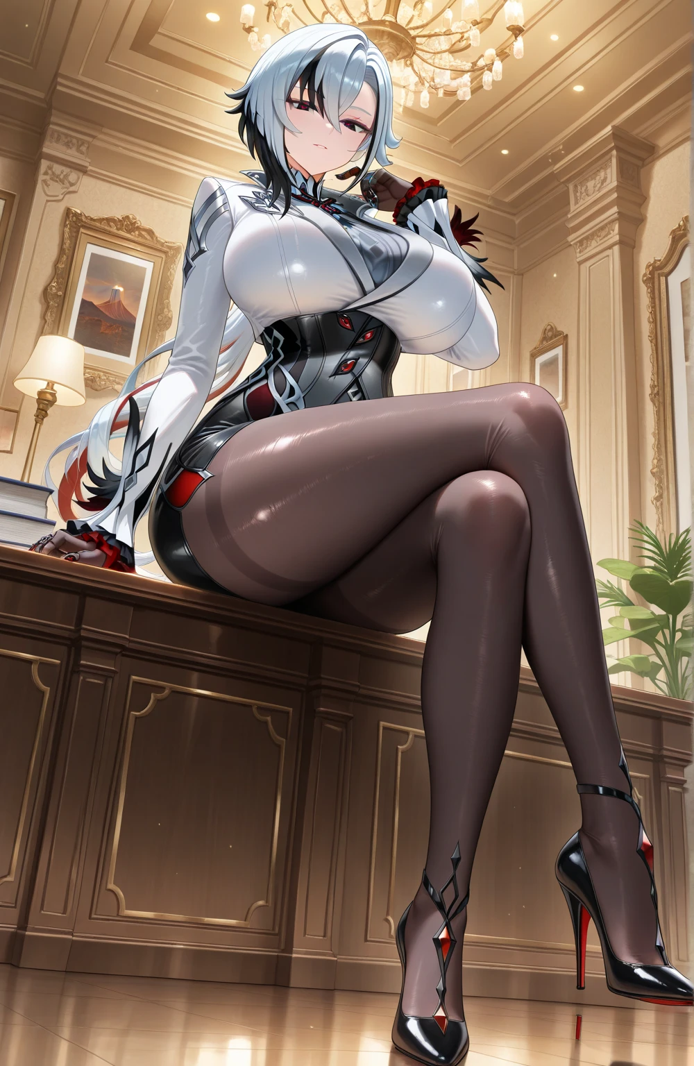 Arav is sitting on the stool,phone in hand, smooth anime cg art, cute elegant pose, Stylish white skinny suit, Sit Pose, The character is in a natural pose, Elegant and seductive posture, Anime Barbie wearing white stockings, A surreal schoolgirl, Casual pose, A sexy pose, surreal school girl, Popular topics on cgstation