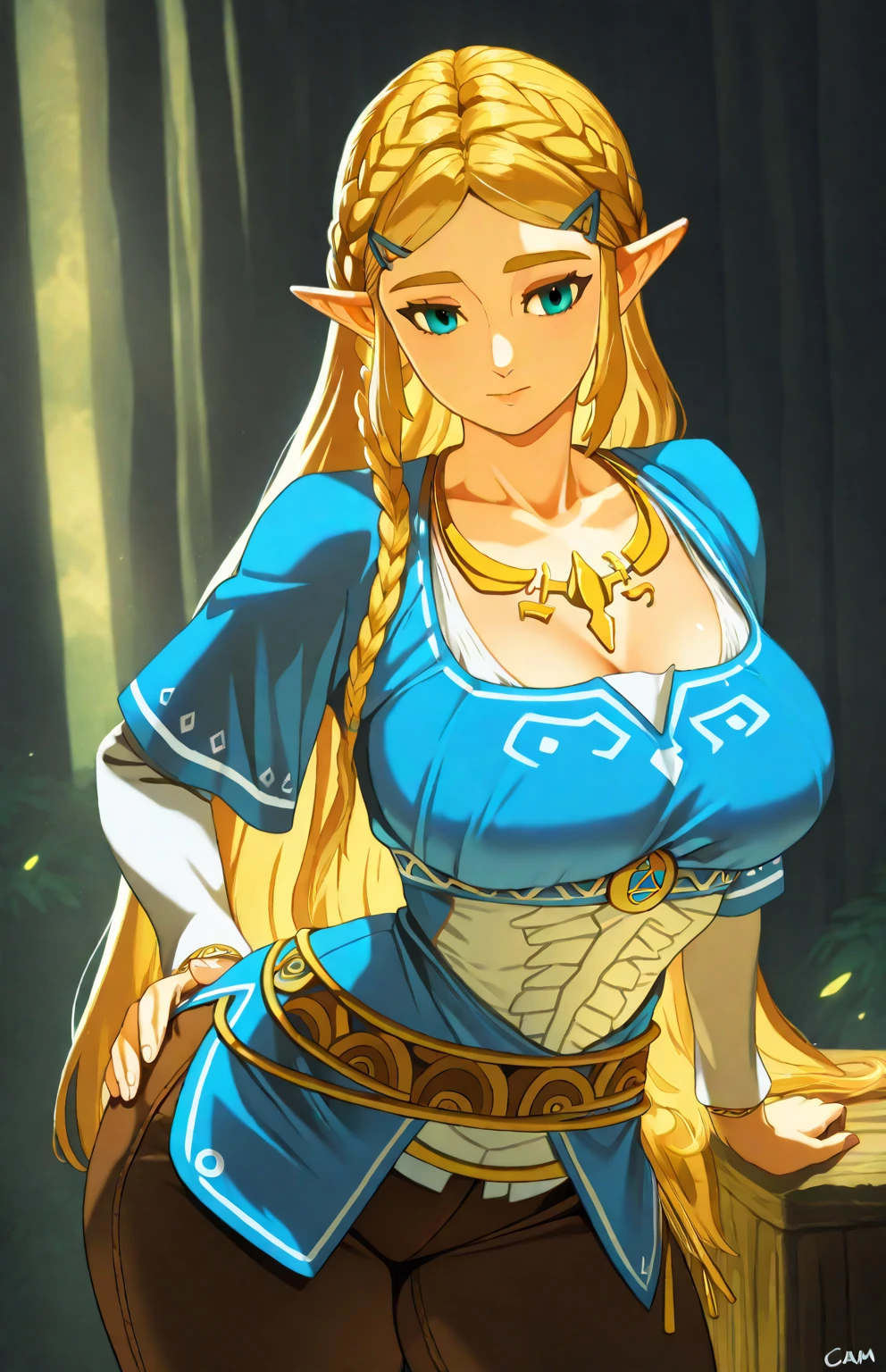 A Mature Woman with long hair in blue and beige clothing holding a modeling pose, warrior, Zelda, full body Portrait of Zelda, Zelda legend, Photos cosplay, Ornate Cosplay, Professional Cosplay, Cosplay, Full Cosplay, Artgerm Moody Photography, Princess Zelda, Zelda as Triforce, Hyrule, Anime Garota Cosplay, ray-traced, 3d-render, extremely detailed, high quality, realistic light and shadow, hair loiros, eye reflection, slight smile, (Ultra Quality,Unparalleled Masterpiece:1.4)Overwhelmingly Pixel-Perfect,Ultra-Detailed CG 4K,(Ultra-Detailed Clear Absurdly-Vivid Jade Big Eyes:1.2),Gorgeous Round Detailed Face(Voluptuous:1.4)Elf(big Breasts:1.8)(Voluminous Long Blonde Hair: 1.4),ADULT(Bangs, Sidelocks:1.2)Seductive(intricately detailed white dress:1.3)(Zelda)(Celestine Lucullus: 1.2)(Solo:1.4)(1Girl: 0.5)(Facing Viewer:1.2)(arms behind back:1.2)(Cowboy Shot:1.2)(from above:1.1),Skindentation(Curvaceous:1.4)(Curvy:1.4)(Bimbo: 1.4)(Normal Waist: 1.2)(Thick Lips: 1.3)small-nose(light smile: 1.2)Rocks,Trees, Plants,Bush,Color Graded, dress as sailor venus