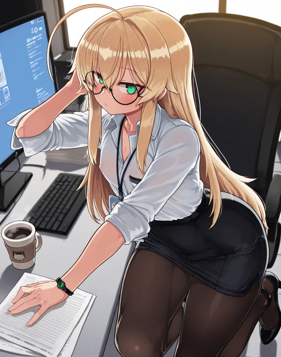 (((Masterpiece, highest quality, precision, ultra-detail)))), ((Modern)), ((Elf OL))))), ((Elf ears))), break, ((White blouse)), break, ((((Black and pencil skirt)))), break, (((Black over-the-knee tights))))), (Blonde long braid hair), ( Put your hands on your big)))), (Design office)), (PC on a stylish office desk)), break, ((sit in a black office chair and put your legs together))))), smile, (glasses))), (tilt your head)))), breeze, (((eye forcus)), dynamic angle, from above
