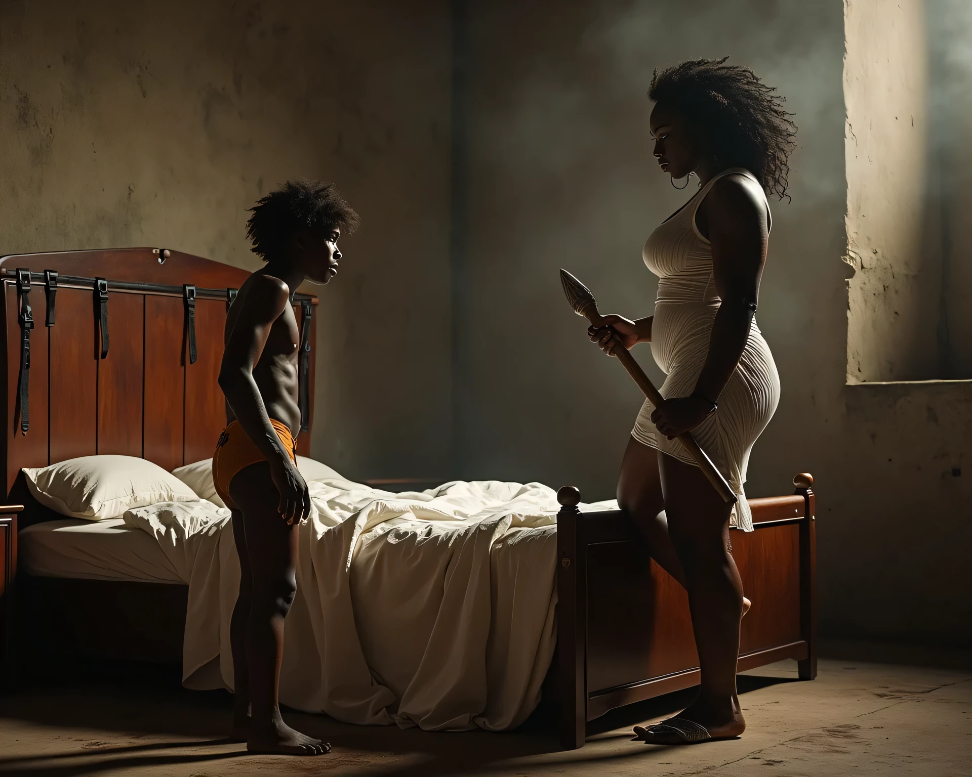 A dark-skinned, muscular African woman with kinky hair, broad hips, and thick biceps dominates a small, naked Sudanese young man in a dimly lit concrete basement. She wears a sheer white nightgown straining against her powerful thighs, and she wears flat leather sandals and holds a sjambok cane. One hand is holding the cane while the other is akimbo, veins visible as she glares at him. The young man is standing next to the bed and removing his underwear to expose his naked butt. He is to be completely naked with no shoes.
Key Considerations: Exposing his hairless body and chubby buttocks. Leather straps and belts cover the bed. Femdom scene, power contrast: her massive gym-toned physique vs. his fragile frame. Hyper-detailed, dramatic lighting, raw intensity. She is wearing flat leather flipflop sandals holding a thin sjambok cane. The bed is completely made of leather and has a leather head rest and is high. She is pointing the cane at the bed for him to lie. One of his legs is up as he removes his underwear. He is dark like a Sudanese. He is in the process of removing his underpants as he kneels begging and crying. She is much bigger than him. She is wearing a sheer nightdress. the young man has shaggy hair. She is angrily pushing him to the bed. Their complexion is very dark. He's completely naked.
