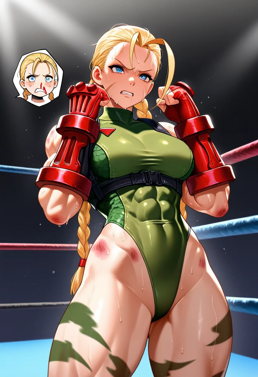 masterpiece, best quality, Cammy White blonde messy hair with 2 braids, green eyes, red bennie, sitting full body on bed clenched fists hands strong arms 💪, showing strong abs, military boots, shy 🤭 facial expressions, red cheeks blushed 😊