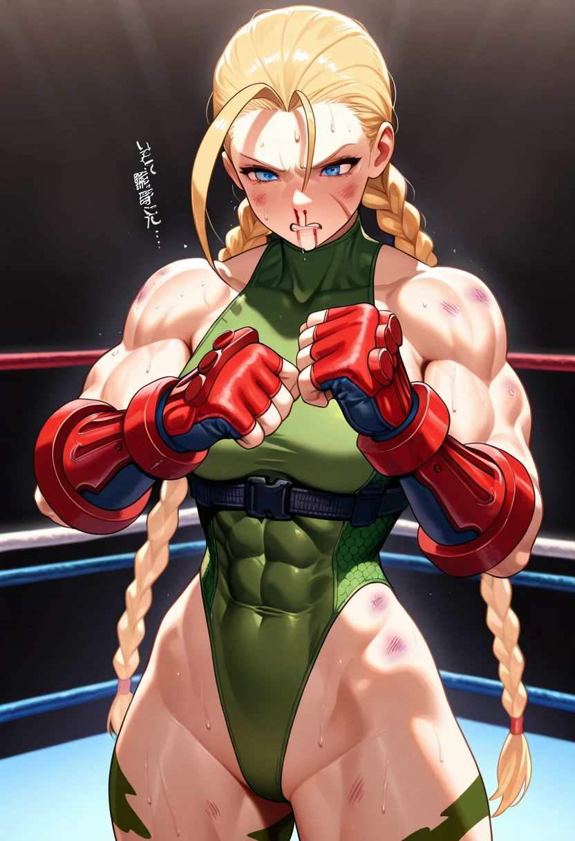 score_9, score_8_up, score_7_up, CammySF,blue eyes, twin braids,blonde hair, ahoge, beret, green leotard, red gauntlets, camuflage chest harness, thigh holster, standing, smile, parted lips, hands on hip, looking at you, fighting ring,
