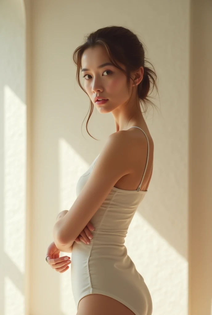 fashion model photography, ballet dress, strong sense of design, medium shot, japanaese girl, Short hair, Hair Accessories, Delicate skin, Smile, Simple background, High Texture, Glare backlight, Professional Studio Lighting