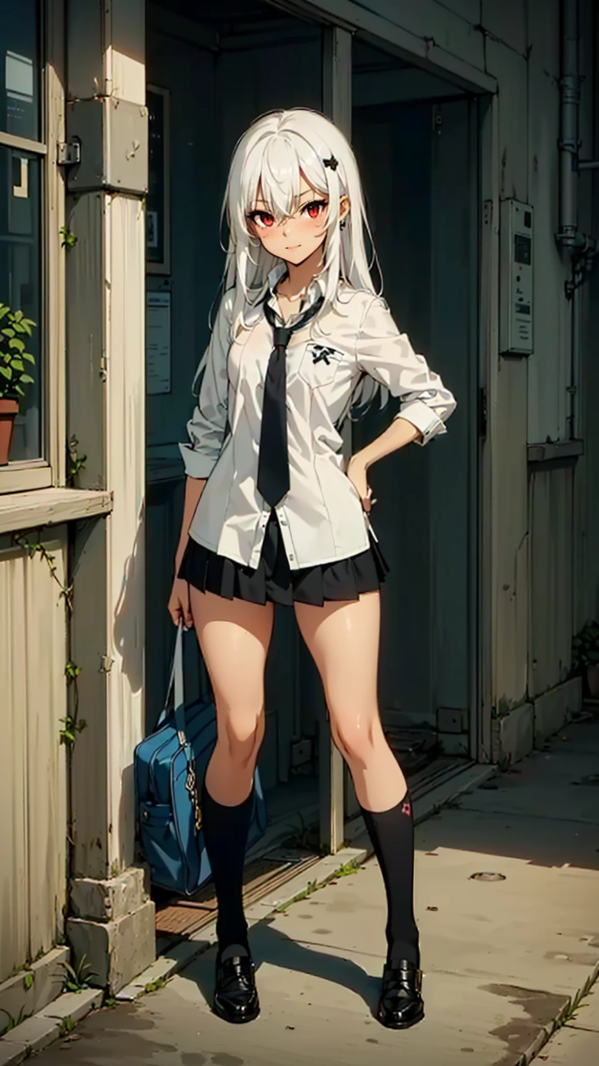 ((1girl, woman, alone, (ninnym, red eyes, white hair, hair ornament, small breasts, small bust), by the wide, Physical aptitude)), ((alone, (1woman, smug, solo), extremely detailed, soft ambient lighting, 4k, perfect eyes, a perfect face, perfect lighting, 1girl)), ((fitness,, shapely body, athletic body, toned body)), (((Cute High School Girl, full body, gyaru, gal schoolgirl, flat chest, white shirt, skirt, tie, school uniform, smug)))