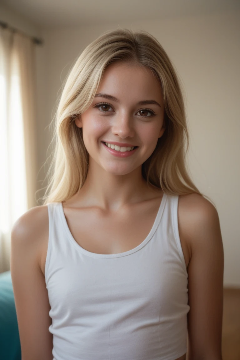Realistic blonde girl age 20 instergram modelling outfit smirk
