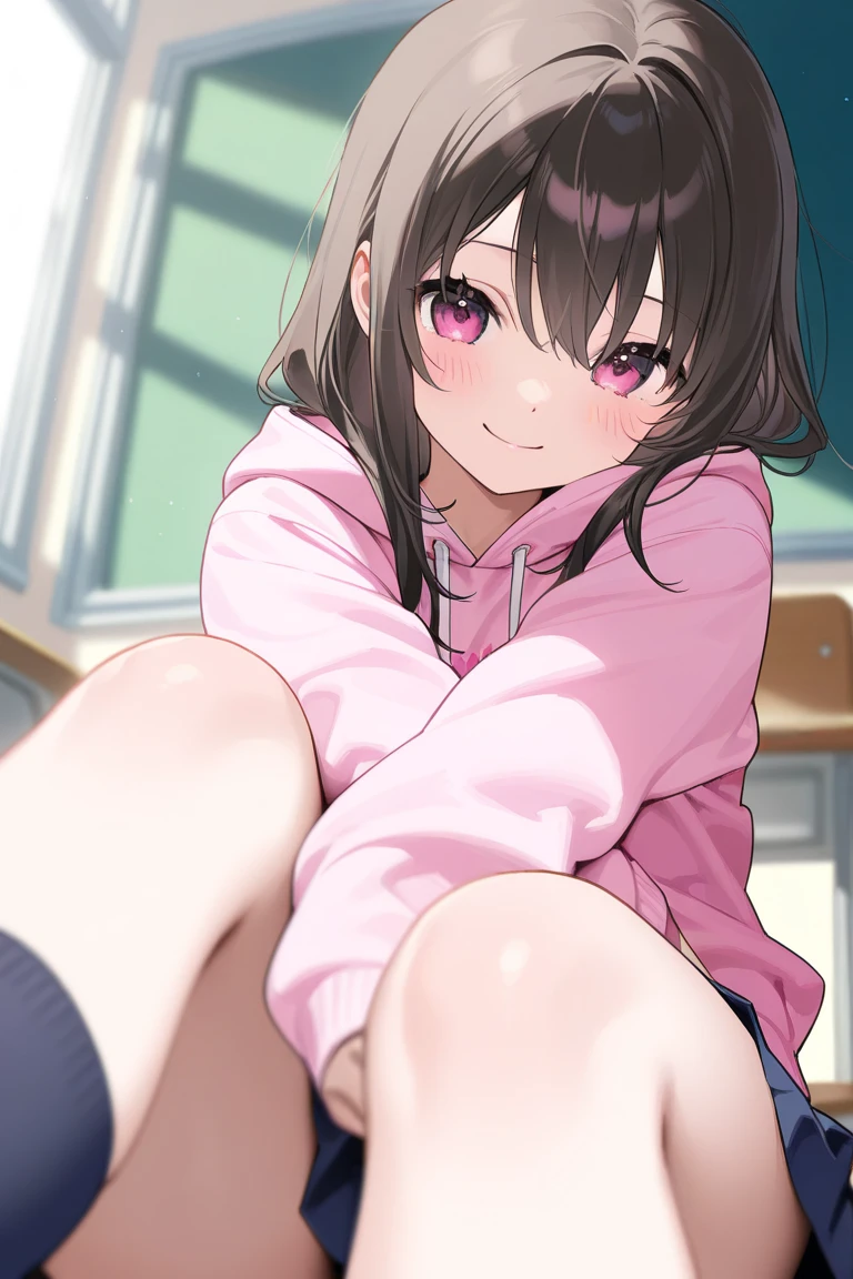 Anime girl with cat ears and pink skirt posing for a photo, she has dark gray hair with long braids, dwarf girl, bottom view, blushed, no panties, I see your pussy, sitting on the wooden floor next to the wall, spread her legs, squats, small pussy, close-up, spreads pussy with his hand, her pussy is wet, She's pleased, water flows from her pussy, she fell asleep, She's asleep, tight pussy