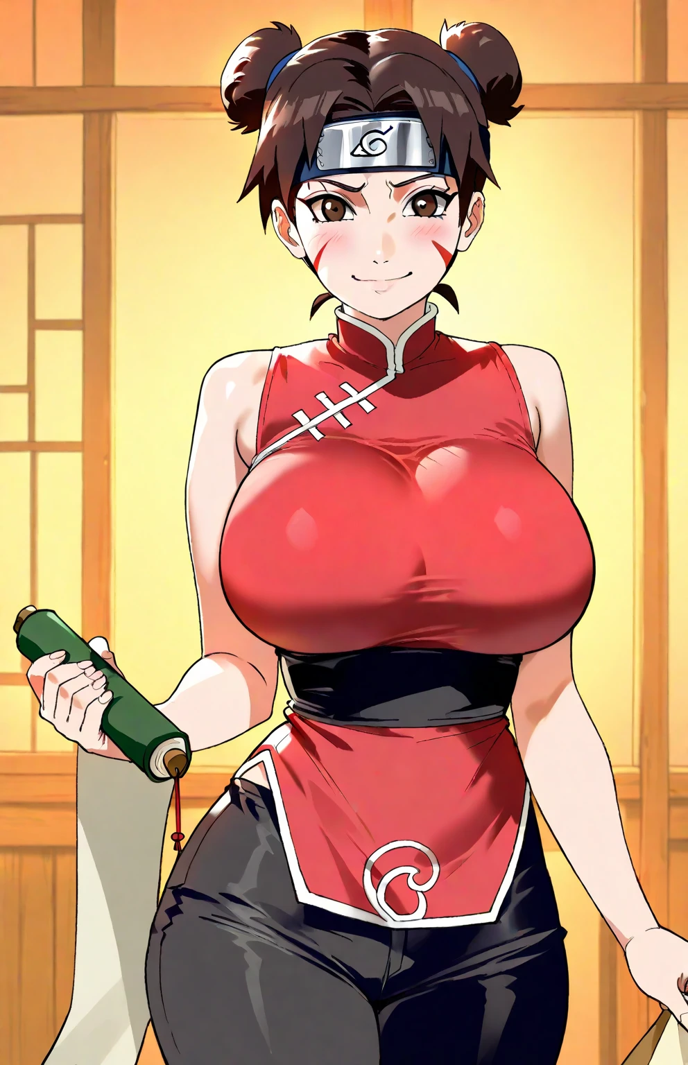 Super detailed illustrations、seductive smile、masterpiece、highest quality、ultra high resolution、high resolution、(Sweat、body fluid)、shiny skin、black hair、very short hair、color red eyes、red chinese dress、sleeveless、Standing picture、hot pants、put hands behind head, armpits, armpits visible, very large breasts, looking at viewer, cleavage