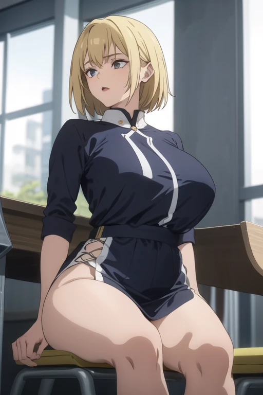 , (Spread your legs)、 (White panties), policewoman, Blue uniform、Miniskirt Police、White shirt, sunny,, Mature Woman, Anime cel style, highest quality, High resolution, One girl, (Large Breasts:1.2), Beautiful Face, Beautiful fingers, Beautiful long legs, Beautiful body, Beautiful Nose, Beautiful character design, Blonde, bangs, blue eyes, View Viewer, Cowboy Shot, blush、Embarrassed look、Nipples are visible、