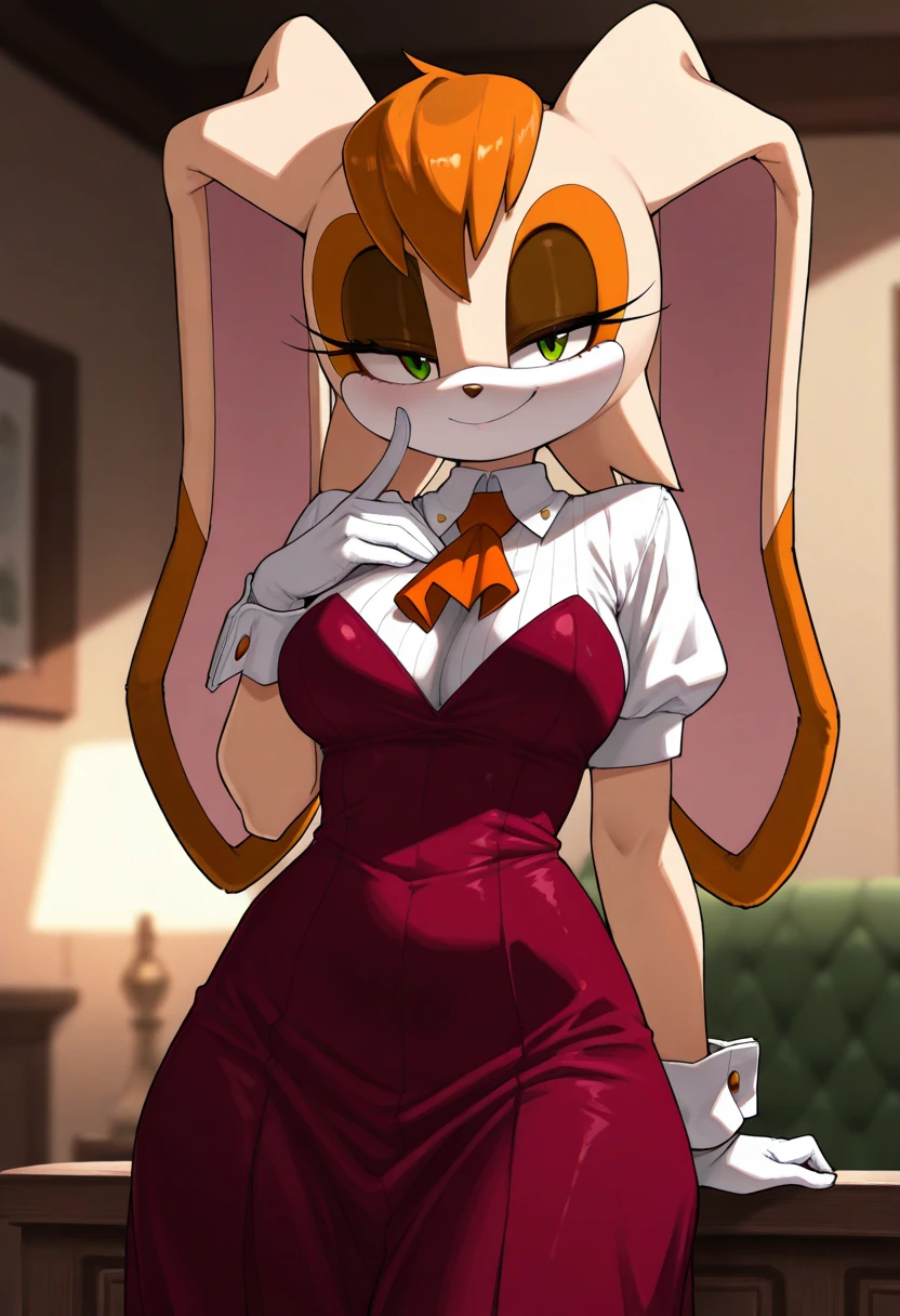 (masterpiece), (8k, high resolution), sonic, vanilla the rabbit fusion with amy rose, sexy, cleavage, wearing sexy dress, dark clothing, eyeshadow, eyelashes, menacing look, sultry, dark room