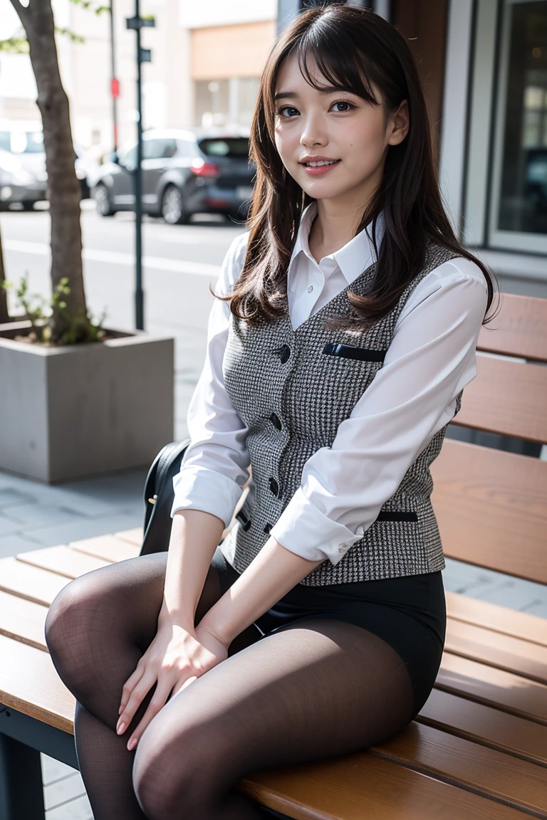 ulzzang-6500-v1.1, (RAW photo:1.2), (Photoreal), (muste piece), (genuine:1.4), 1girl、perfect anatomy、48 years old、look at the camera、medium long hair、plaid vest、((sitting on the bench:1.3))、(Super realistic black sheer pantyhose:1.2), (high heels)、(business services)、