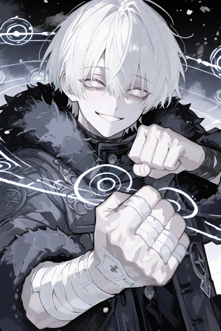 boy, Fatigued whole body, Magic circles on the left wrist, sedate, white hair, crazy white eyes, neat black winter coat, SMILE, happy, Stretched head, Bandages for both hands, mihoyo art style, boy cartoon hairstyle, A clenching fist, action pose