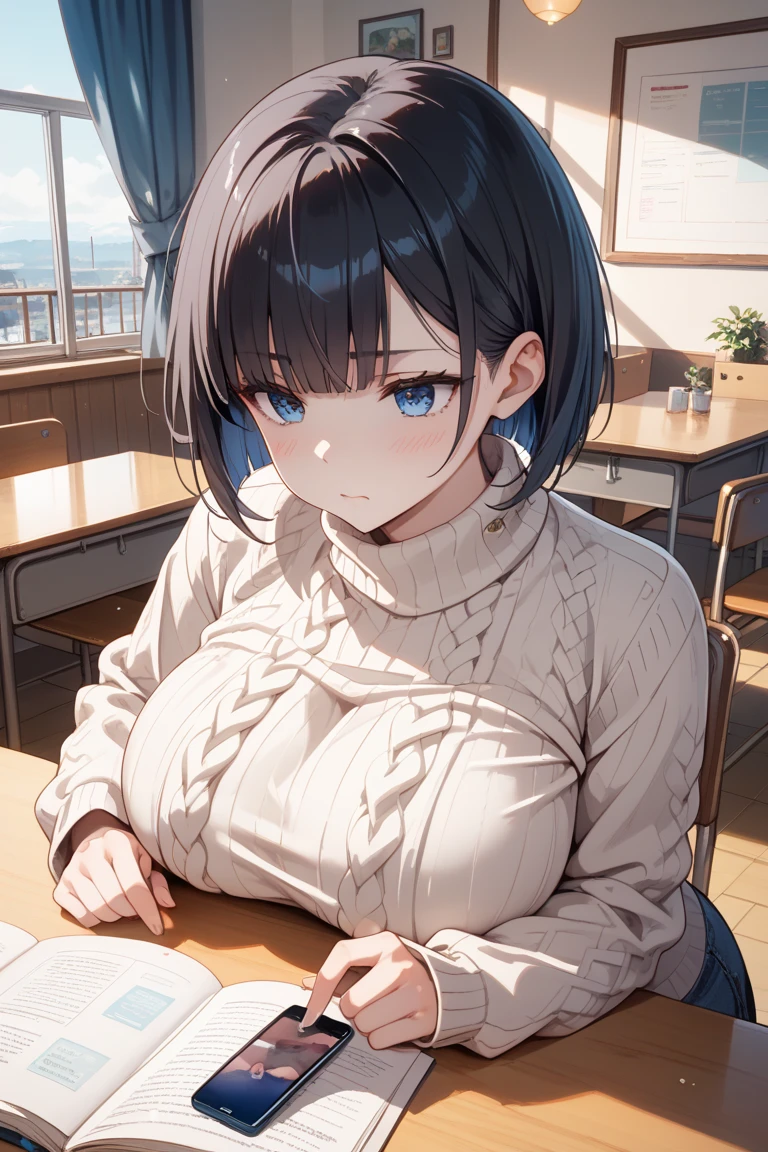 Coffee shop background, school uniform, dark blue uniform, 1woman, solo, dark hair, short hair, shining hair, medium-large breast, sitting behind table, facing viewer, arrogant, 