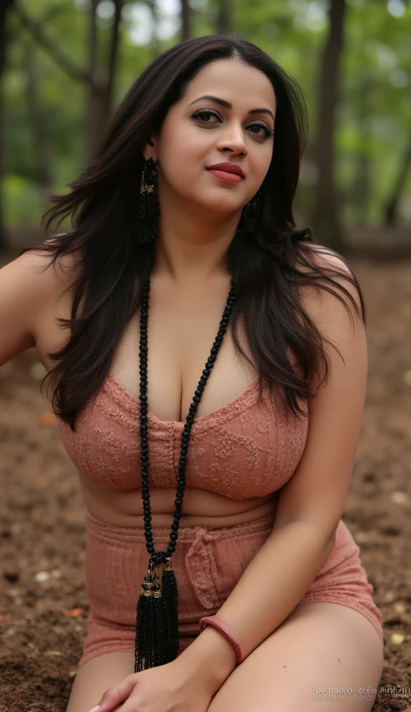 from top view, extreme close up photo of nayanthara, big cheeks, hourglass figure, curvy, swooping breasts, deep cleavage, open arms, sexy armpits, look at viewer lusciously, bindi, necklace, seducing near bush fire in a forest and stripping black scarf, nipples, sunny day sex scene, ponytail, 4K, HD