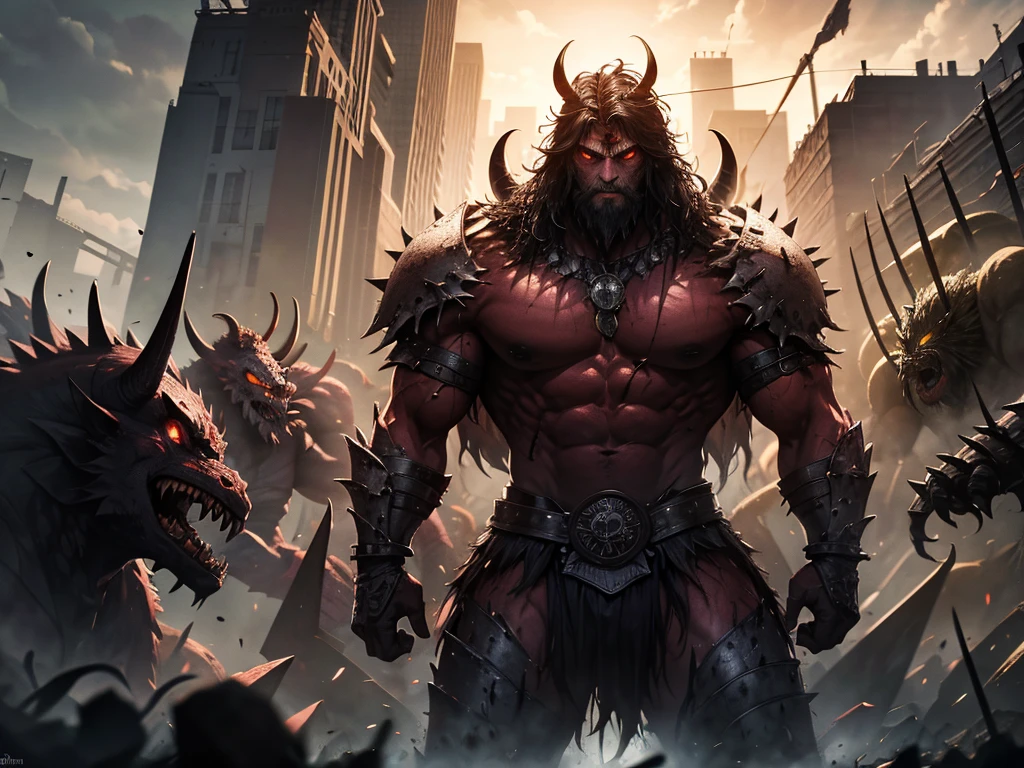 ((best quality)) , ((masterpiece)) , (detailed),horns, giant, glowing, glowing eyes, beard, male focus, 1boy, helmet, holding, facial hair, fur trim, teeth, muscular,((full body)),chain ring, chain storm, dark chain,((wholeblack bloomer)), darkside, night, deep dark, darkness, ((dark clouds)),((ruins)),shadow, death garden