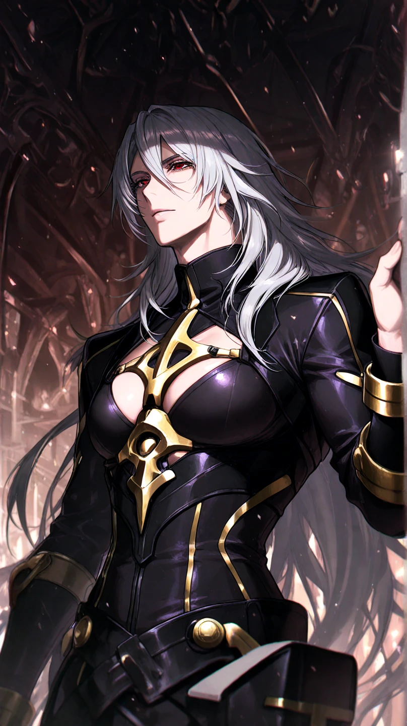 man, masculine, masculine face, attractive, muscular, ((1man)), masterpiece, absurdres, best quality ,intricate details , (shiny skin, shiny body, shiny oily luster skin, shiny hair, pale skintone), Sundown, attractive, ((muscular)), adult, one, open chest, no blouse, earrings, black pants, Don't look at the view , Not looking at the view, purple blue long hair, perfect detailed face, perfect detailed hands, vampire, silver gray eyes, ((MLS)), medium large shoot