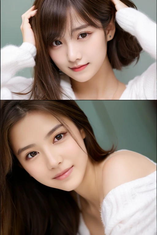One Girl, (Dress in trendy fashion:1.2), (RAW Photos, highest quality), (Realistic, Photorealistic:1.4), Tabletop, Very delicate and beautiful, Very detailed, 2k wallpaper, wonderful, In detail, Very detailedな CG Unity 8K 壁紙, Very detailedな, High resolution, Soft Light, Beautiful detailed girl, looking at the camera、Very detailedな目と顔, Beautifully detailed nose, Beautiful fine details, short hair, small, White background、Background is white、Cinema Lighting, Perfect Anatomy, Slender body, smile,