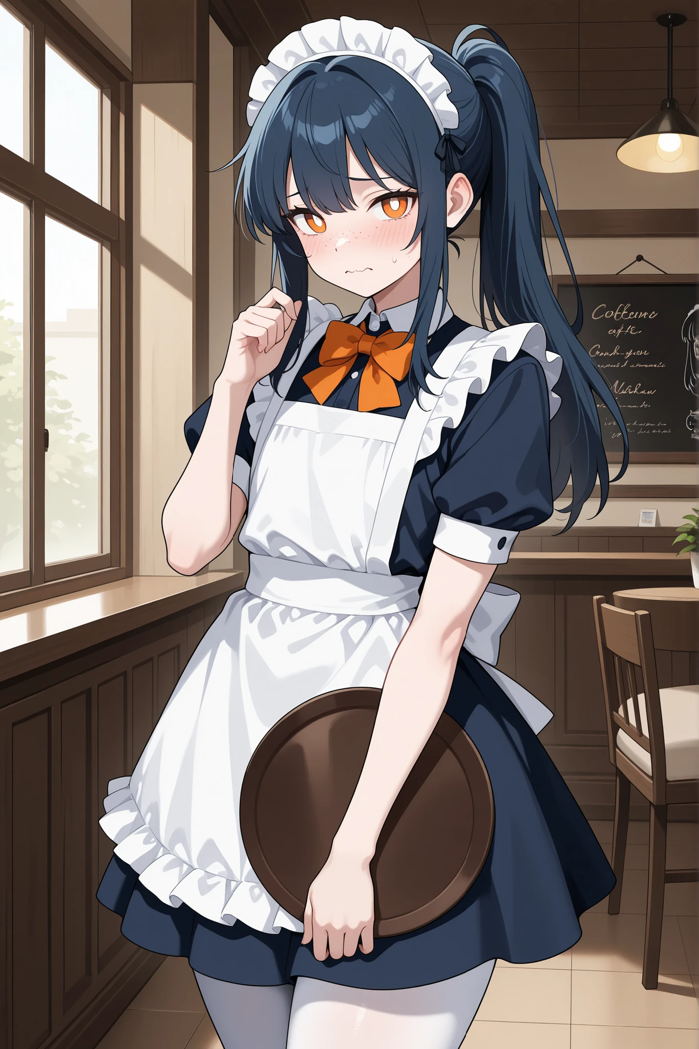 masterpiece, best quality, amazing quality, very aesthetic, safe, from side, [pov], 1boy, otoko no ko, aged up, looking at viewer, (shy), wavy mouth, blushing, holding tray, hand up, dark blue hair hair, ponytail, long hair, bangs, orange eyes, white pupils, (freckles), wide hips, crossdressing, (dark blue dress), maid dress, maid headdress, maid apron, orange bowtie, (white pantyhose), short sleeves, indoors, cafe, absurdres, lineart 