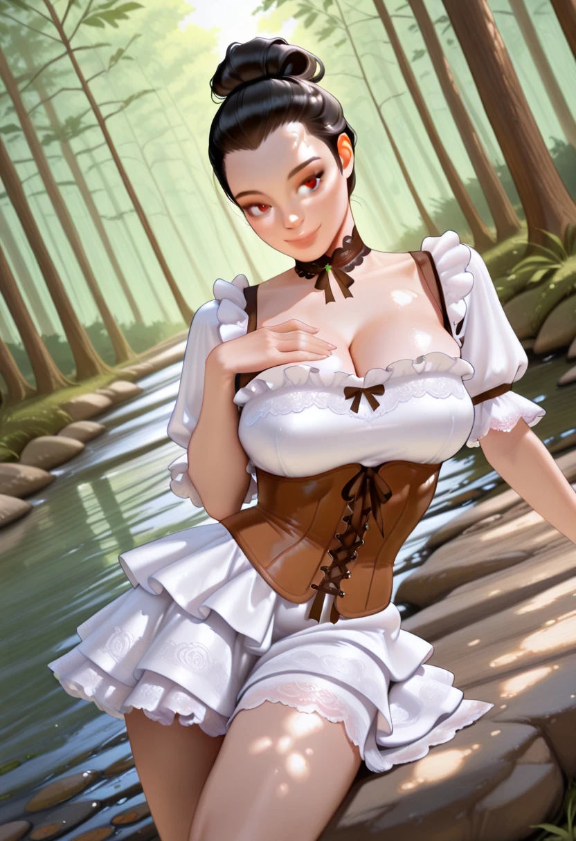 Adult woman, League of legends character Ahri hugging a stuffed penguin, maid hat, maid apron, Big chest, Clivage, alluring look, blushing, somewhere in nature, outside