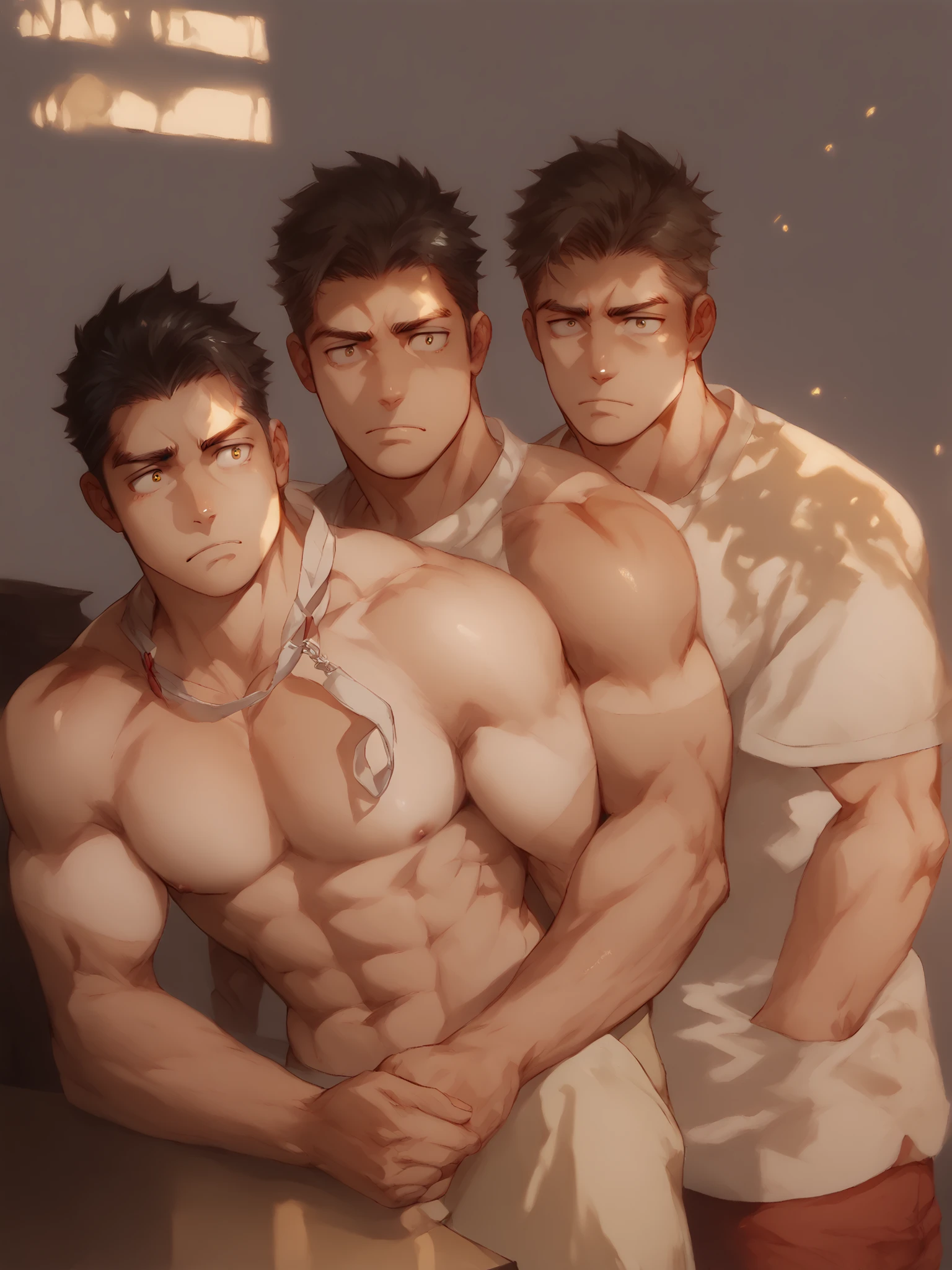 bara, male focus, muscular male, confused expression, tanned, huge ass, bending down, bending under desk,Thongs, sunlight, pouting BREAK ,score_9, score_8_up, score_7_up, score_6_up, score_5_up, score_4_up