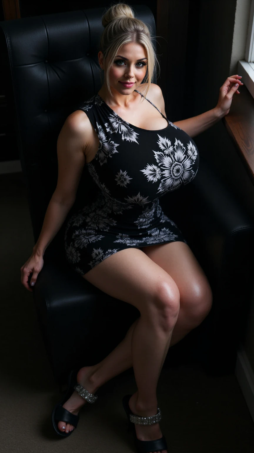 Realistic portrait of a woman, 60 years old, wearing black dresses elegant motif. She should have a natural appearance, curvaceous forms, blue eyes, gray hair, smile, Shoot this image in high resolution with a 35mm lens to get a good perspective. Sitting on the chair, river and Desert views