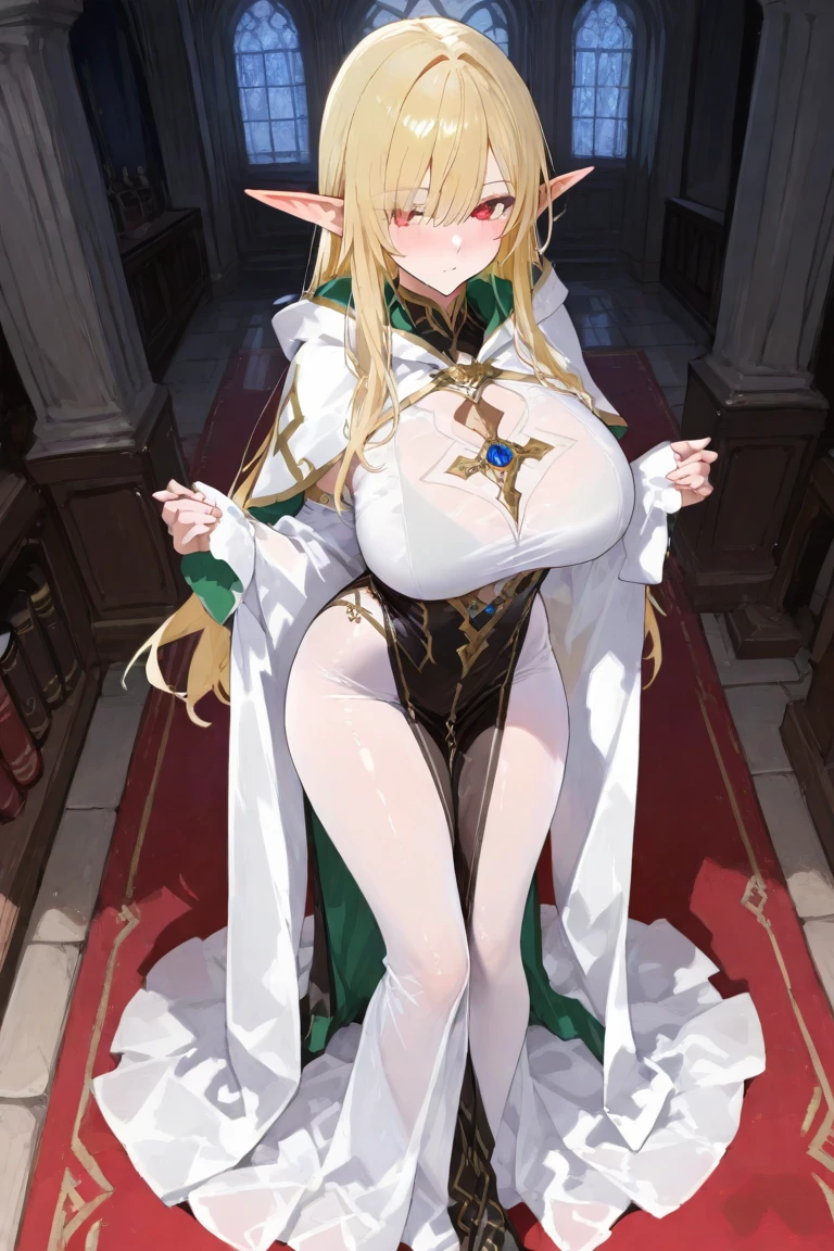 1 Girl, cerestiadef, hoop, gem on forehead, revealing clothes, navel cutout, chest curtains, pelvic curtain, wedding mittens, elbow gloves, single hip, wide hips, smile, blush, Hands on hips, masterpiece, Best quality, (realistic, cubeon, reading pigeons, Konoshige \(Ryuun\):0.6), medium breasts