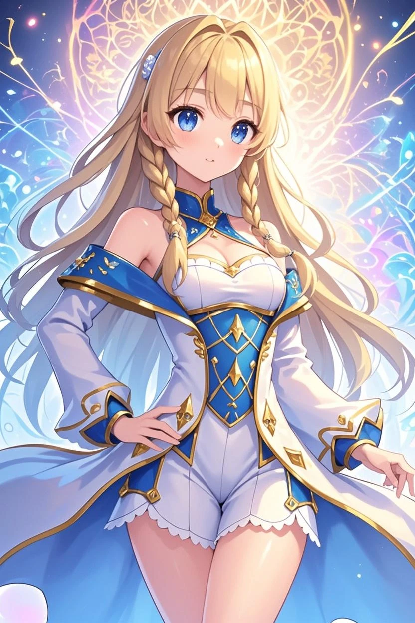 (blonde:1.2),(long hair with curls:1.25),(No bangs:1.25),(A crystal-like clear round gem in the middle of the forehead:1.3),(light pink and blue eyes:1.3),(clergyman:1.3),(White, light blue, blue, and navy blue monastic robes:1.3),(hat with a veil:1.25),(blush:1.2),(small breasts:1.65),(close up of face:1.2),(Front perspective:1.5),(A sphere like a crystal ball:1.45),(Luxurious arcana card motif:1.6),(Smile slightly:1.3),(close up of face:1.1)
