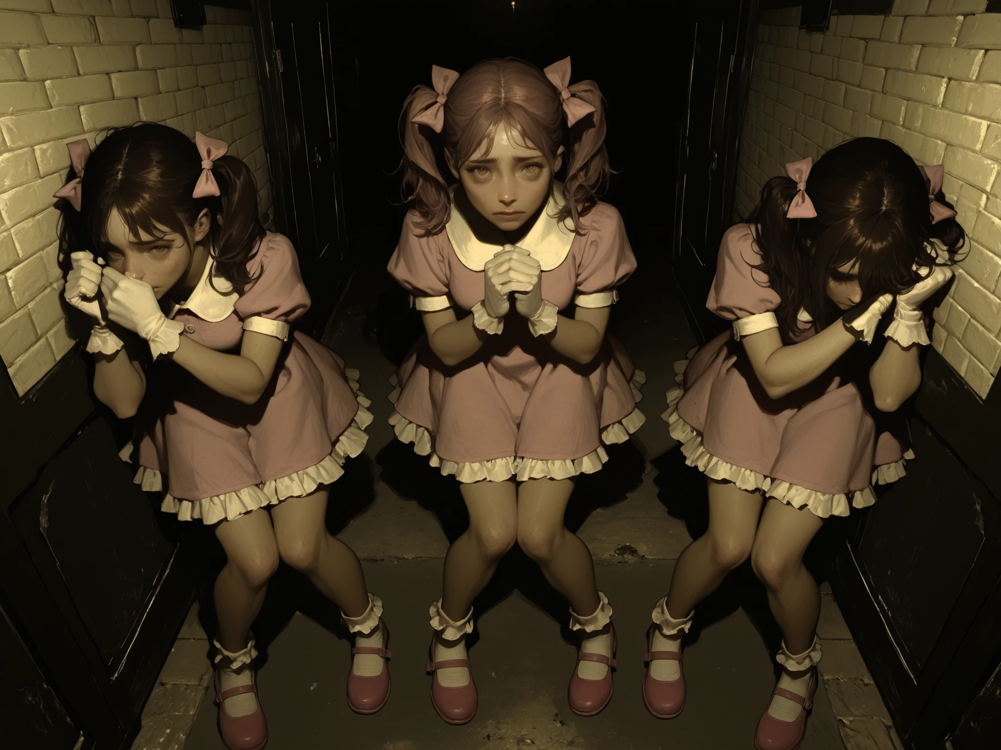 masterpiece, very awa, best quality, amazing quality, very aesthetic, absurdres, newest, intricate details, realistic, horror, ((dark theme)), indoors, flourescent light, hallway, liminal space, brick_wall, painted bricks, double_doors, from above, (3girls), young, nervous, looking up, looking_at_viewer, brown hair, pigtails, pink hairbow, matching outfits; pink dress, frilled dress, short dress, white collar, puffy short sleeves, (white gloves), petticoat, bare legs, white socks, bobby socks, pink footwear, mary janes, cowering, hands_up, hands together, knees together feet apart, pigeon_toed