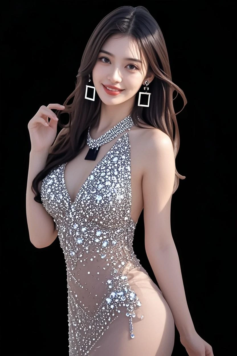 beautiful woman in ultra shiny silver skirt, makeup, (glossy lips: 1.4), fashion model, full body shot, posing like a model, extremely happy face, beautiful face, smiling face, smiling,hi-res, 8k, cinematic light, skinny, big breasts, perfect figure, beautiful slim figure, perfect body, slim long legs, slim body, fashion model like figure, straight hair, detailed face, smile, photo taken from a distance, neon lights on hair,