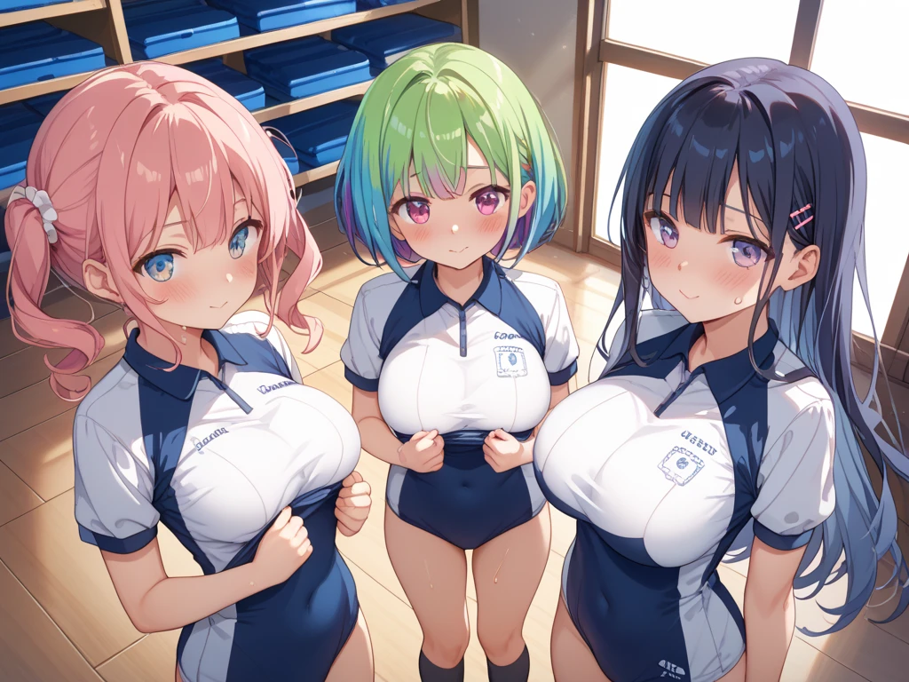 ((Three Pretty nude school girls with super colossal breasts hugging each other:1.2)), ((pressing their breasts each other:1.3)), ((lifting up the white sailor suit)), shirtlift, Baby face, harem, ((master piece, top-quality, ultra-definition, high resolution)), anime girls, ((ultra-detailed illust:1.2)), bangs, hair between eye, random colored hair, beautiful hair, random colored eyes, Shiny eyes, highlights on the eyes, ((detailed eyes:1.2)), ((Erected Nipples)), Exposure of nipple, Beautiful nipples, ((super gigantic breasts:1.3)), huge tits, Soft breasts, cleavage of the breast, show breasts, emphasize the breasts, focused on breasts, Big smile, enjoying, opened mouth, without clothes, take off clothes, undressed, nude, belly button, in the classroom, ((bust shot:1.2)), sweaty breasts, heart sign